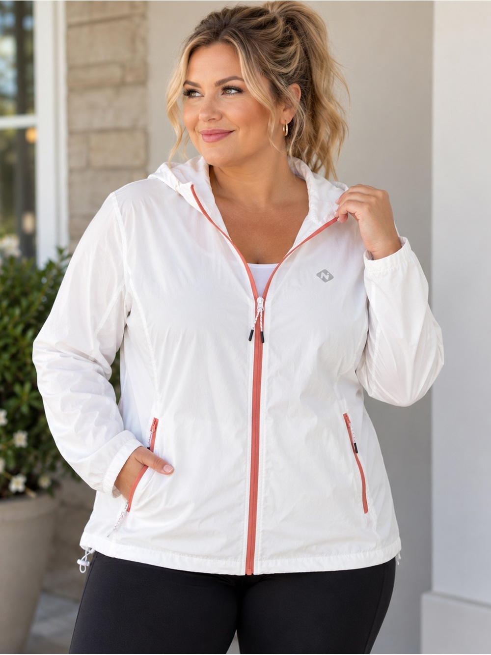 NAVISKIN Women’s White Hooded Windbreaker Jacket Coral Zip Plus Size 2XL
